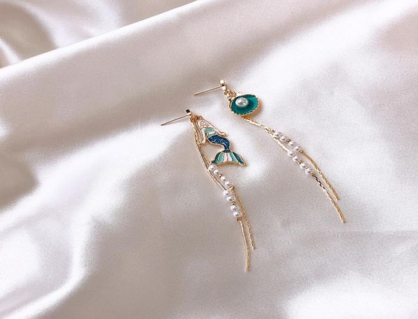 

the daughter of the sea super fairy mermaid earrings asymmetric pearl shell tassel earrings lady temperament silver needle earring7191312, Golden