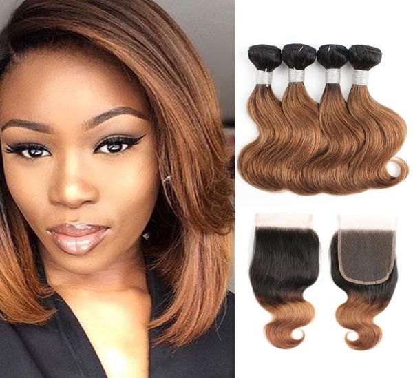 

1b 30 ombre brown body wave hair bundles with closure 50gbundle 1012 inch 4 bundles brazilian remy human hair extensions3089092, Black