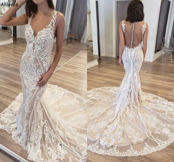 

arabic aso ebi lace mermaid wedding dresses vintage sheer neck illusion buttons back vestidos de novia plus size country bohemian reception, White