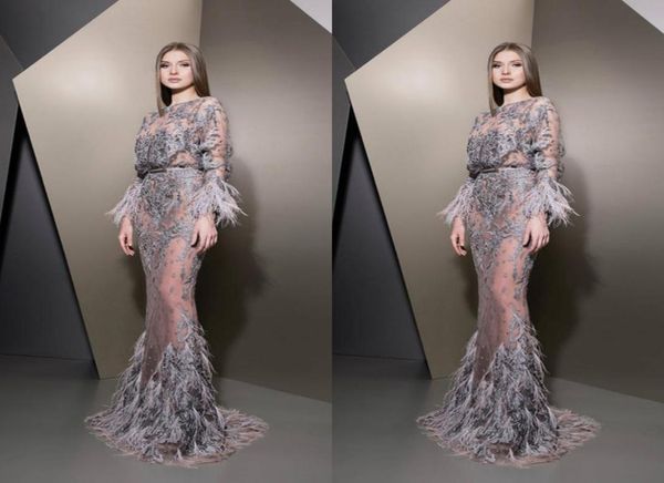 

ziad nakad 2019 evening dresses jewel neck lace long sleeve illusion feather prom gowns luxurious custom made mermaid party runway2770029, Black;red