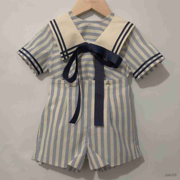 

clothing sets children boutique clothing boys girls short sleeve blue striped navy tie set vintage cotton siblings outfit birthday dress r23, White