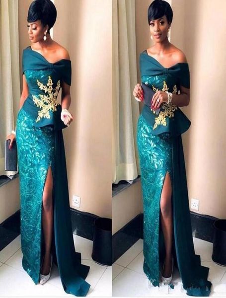 

african hunter prom dresses off the shoulder golf appliques lace front split mermaid evening dress peplum women party gowns9122318, Black