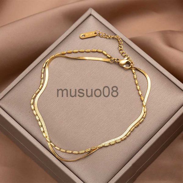 

anklets trendy stainless steel double layer beaded link chain anklet for women adjustable 18k gold plated snake chain anklet jewelry j230815, Red;blue