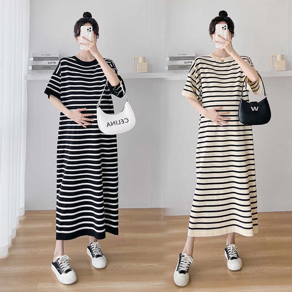 

1021# summer striped knitted maternity long dress casual loose straight clothes for pregnant women pregnancy ice cool, White
