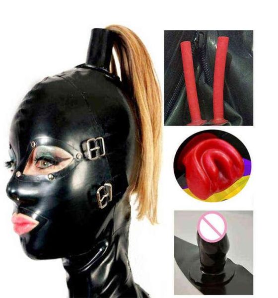 

other panties erotic club lingerie handmade black latex hoods mask with eyes mouth teeth gag plug cover nose tube ponytail tr4588944, Red;black