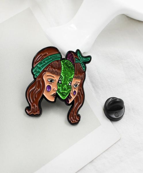 

horror girl green alien mask monster039s brooch long hair girl beautiful woman mask ghost enamel pin halloween badge punk jewel5413689, Blue