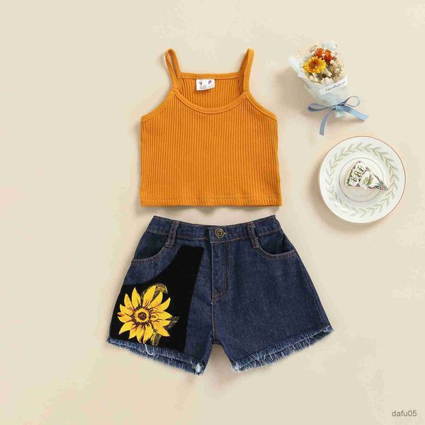 

clothing sets 2pcs summer girls clothes sets 1-6y sleeveless solid color tank sunflower denim shorts clothing r230815, White