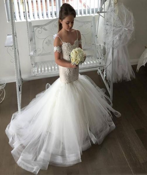 

lovely offtheshoulder mermaid tulle flower girl dresses spaghetti strap lace applique sweep train kids pageant dresses 2018 new 5970514, White;red
