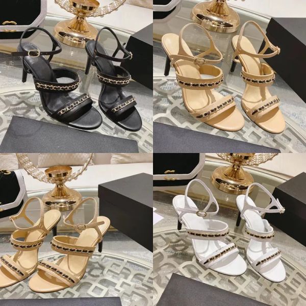 

2023 designer luxury round toe sandals womens 100% leather temperament white black apricot one-line buckle shoes ladys fashion chain stilett
