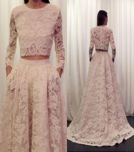 

two pieces prom dresses crew sweep train long sleeve lace bridal dress a line zipper back elegant formal evening gowns3149299, Black