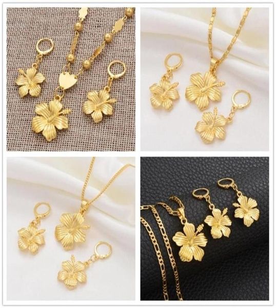 

anniyo hawaiian flower jewelry sets pendant necklaces earrings women girls gold color micronesia guam chuuk kwajalein 213106 20129573246, Slivery;crystal