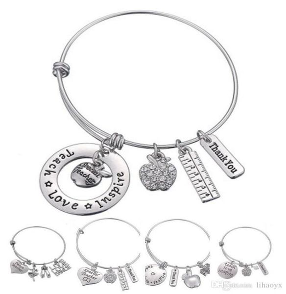 

love inspire teach white crystal apple ruler bracelet stainless steel pendant bangle jewelry gift teacher friend dlh2045667278, Golden;silver
