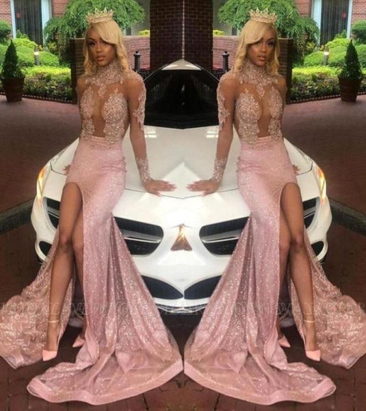 

sheer long sleeves high neck lace mermaid prom dresses 2022 black girls lace applique split backless sweep train evening gowns vog3451096