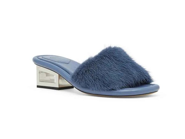 

luxury womens shoes slipper heeled baguette- sandal slide mink fur wool leather fur sandals low-heel cutout metal block heel genuine leather, Black