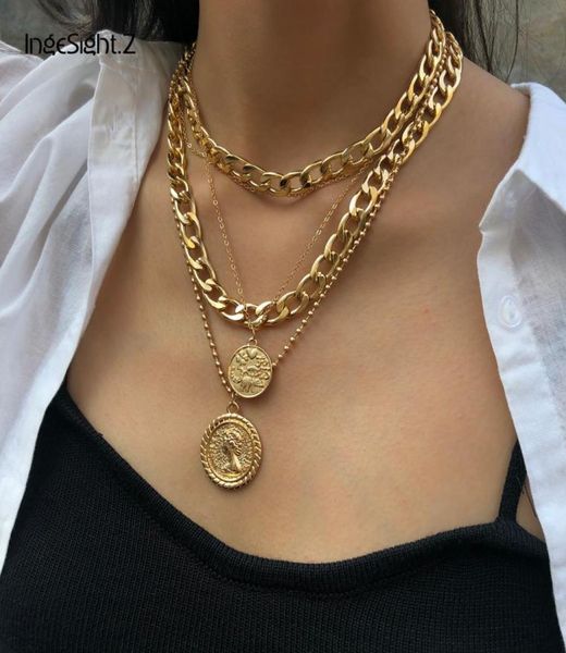 

punk multi layer curb cuban chunky thick portrait choker necklace women vintage carved coin pendant necklace jewelry1712860, Silver