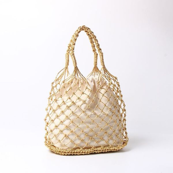 

evening bags gold silver 2 color bright paper ropes hollow woven handbag cotton lining straw bag female reticulate netted beach 230814