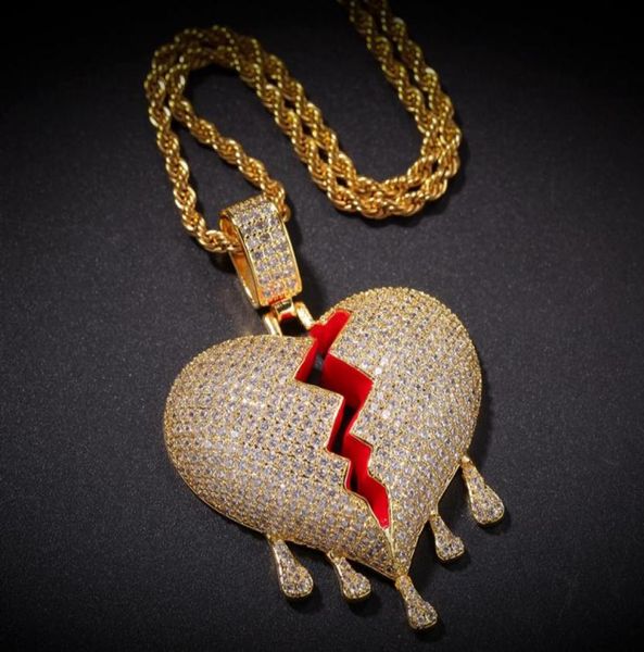 

iced out broken heart pendant necklace mens womens fashion hip hop jewelry gold silver water drop heartbreak necklaces8656088
