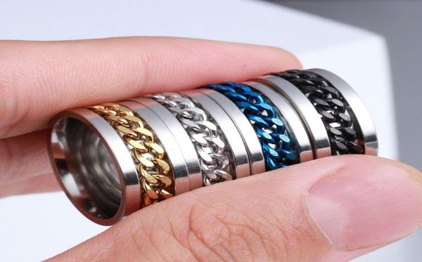

whole 40pcs spin chain stainless steel rings silver black gold blue mix men fashion wedding band party gifts jewelry6416786
