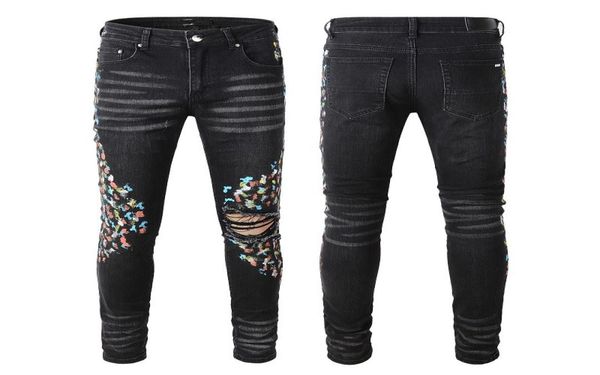 

mens designer jeans for man skinny black rip rock denim slim straight distress biker white star hip hop motorcycle blue splatter p2120881