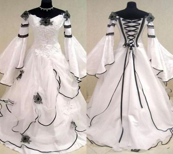 

renaissance vintage black and white medieval wedding dresses vestido de novia celtic bridal gowns with fit and flare sleeves flowe6783719