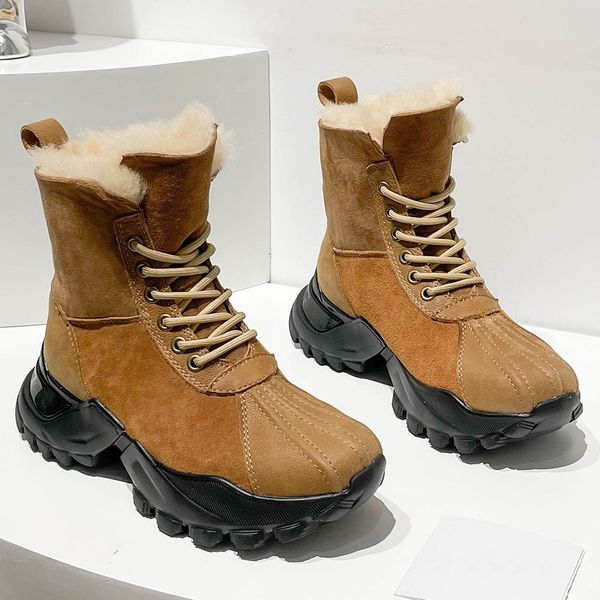 

womens brand boots ug boots matte cowhide leather boots casual sports style fashion autumn winter warm booties platform boots lace up boots, Black