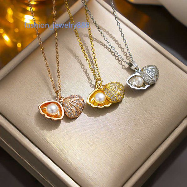 

fashion necklace pendant light luxury small style shell pearl necklace female zircon micro inlaid short collar chain temperament personality, Black