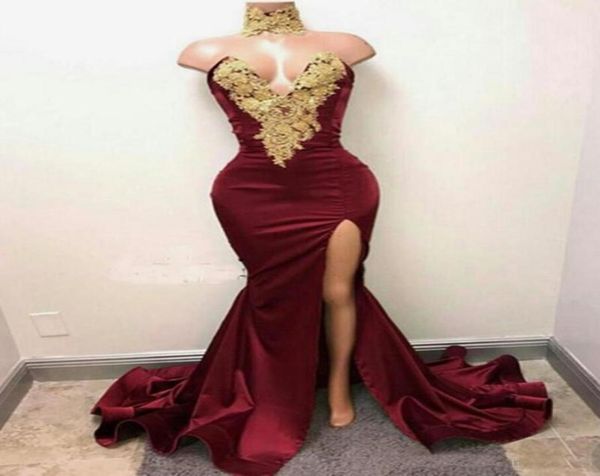 

burgundy prom dresses long side split sweep train gold applique with rhinestones evening gowns custom made velvet party eveni2896856, Black
