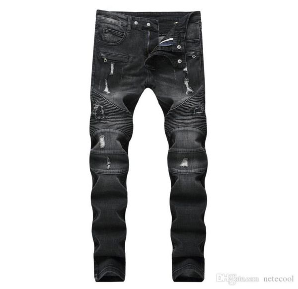 

new men distressed ripped jeans designer straight motorcycle biker jeans causal denim pants streetwear style mens jeans cool men h4495433, Blue