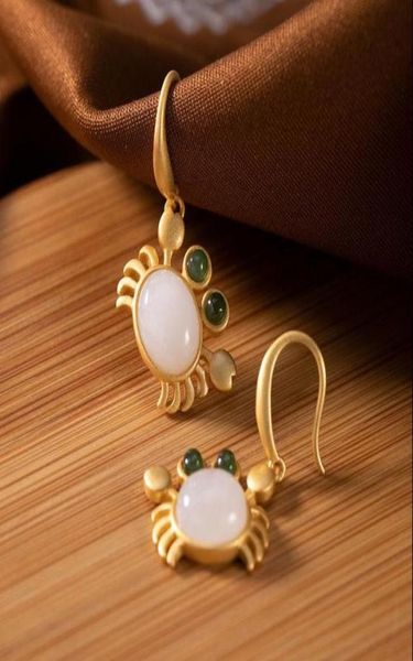 

silver inlaid natural hetian white jade small crab earrings chinese style retro fresh romantic charming women039s brand jewelry2044241