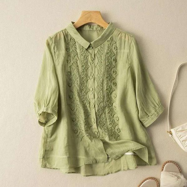 

cotton and shirt linen ethnic embroidery cardigan female summer vintage small sun protection clothing lace up, White