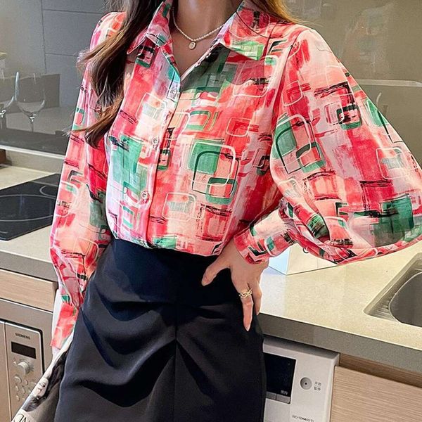 

autumn holiday style blouse for shirt women loose printed lantern sleeve, White