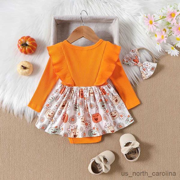 

girl's dresses newborn infant girl rompers dress ruffles long sleeve pumpkin flower print skirt hem jumpsuits clothes bodysuits r230815, Red;yellow