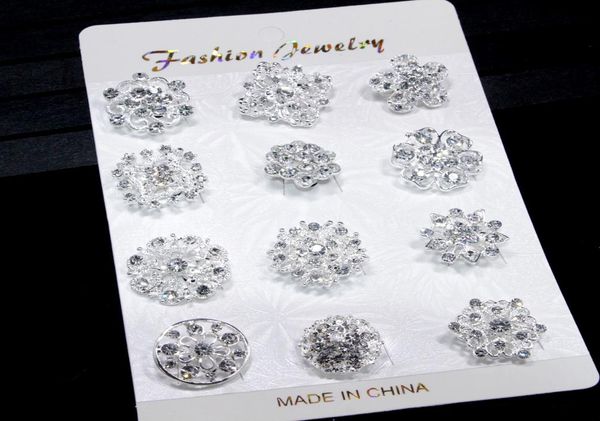 

12pcs mixed flower crystal silver plated alloy brooches fashion wedding cake flower pins girls pretty collar pins8420301, Gray