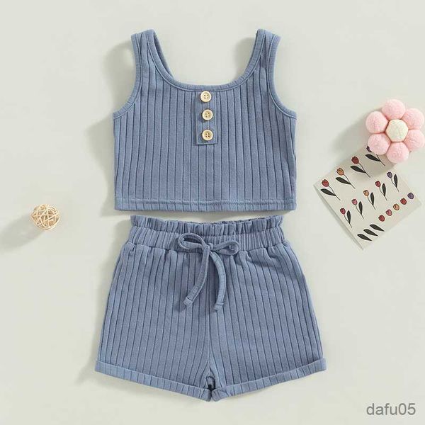 

clothing sets toddler children baby girls summer clothing outfit sets solid color button vest ribbed drawstring shorts baby set r230815, White