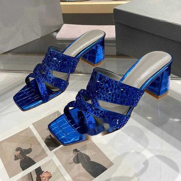 

slippers brand crystal women luxury slides hollow out square toe rhinestone mules shiny crocodile leather party sandals, Black