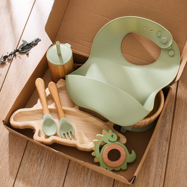 

cups dishes utensils 7pcs bamboo wood dinosaur dinner plate feeding supplies children tableware suction bowl bpa baby born accessories 23081