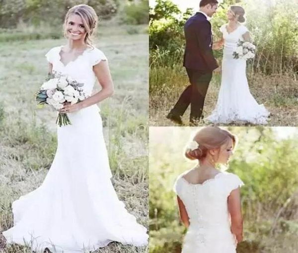 

2018 modest country wedding dresses scalloped v neck capped sleeves small a line modest full lace bridal gowns with covered button8503794, White