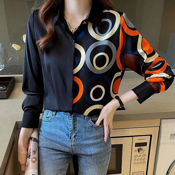 

shirt autumn style stitching korean casual office satin for women, White