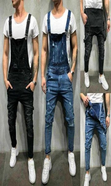 

2021 men039s british style denim bib pants full length jumpsuits hip hop ripped jeans overalls for men streetwear 3389480, Blue