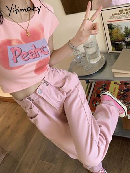 

women's jeans cotvotee pink high waisted jeans for women adjustable waist jeans woman summer streetwear wide leg pants casual mom jeans, Blue