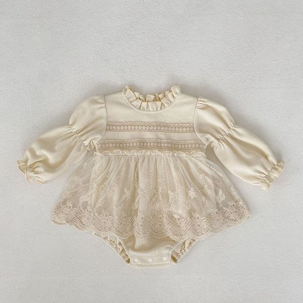

rompers ins born baby girl dress romper long sleeve lace skirted bodysuit waffle pattern s princess autumn clothes for 0 24m 230814, Blue