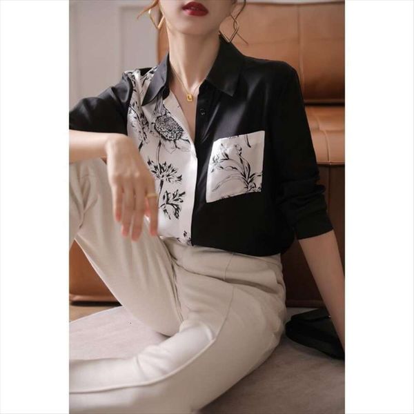 

imitation silk shirt blouse for women autumn long sleeved slim high end ink print black and white stitching