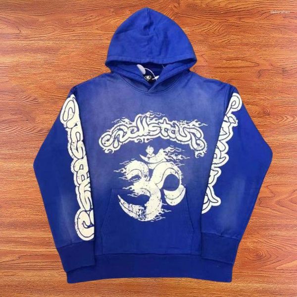 

Men' Hoodies Drop HELLSTAR Vintage Washed Flame Letter Print Hooded Pullover Hip Hop Street Blue Sweatshirts, 13