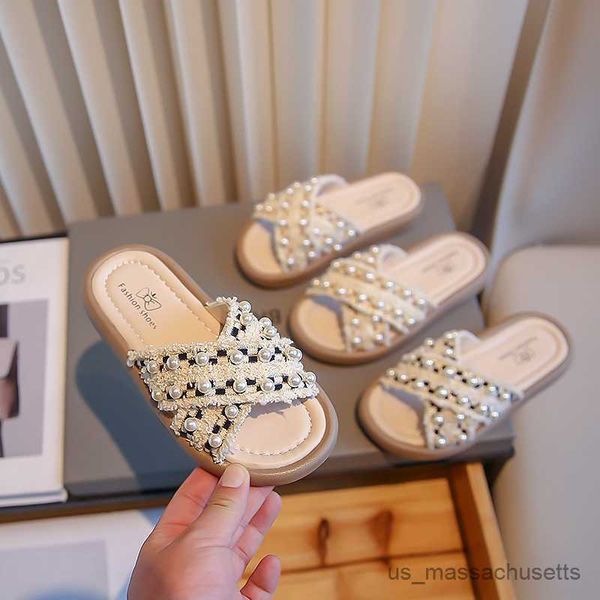 

slipper girls pearls slippers open-toe fashion kids princess shoes for party wedding children summer beach shoes cross simple non-slip r2308, Black;grey