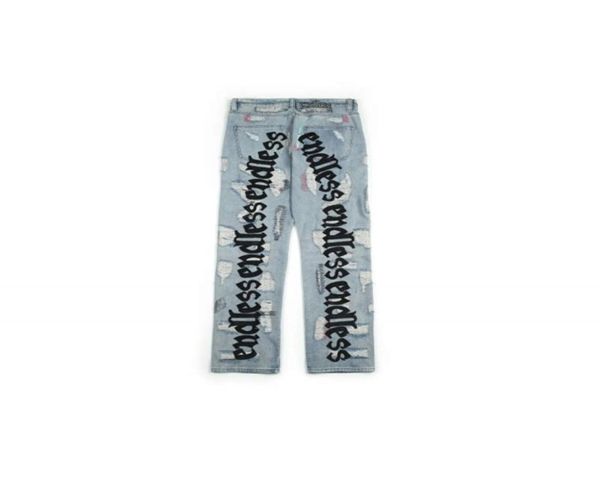 

endless embroidery denim pants rocky jeans art letter broken holes wash do old fashion men women jean trousers c04012349795, Blue