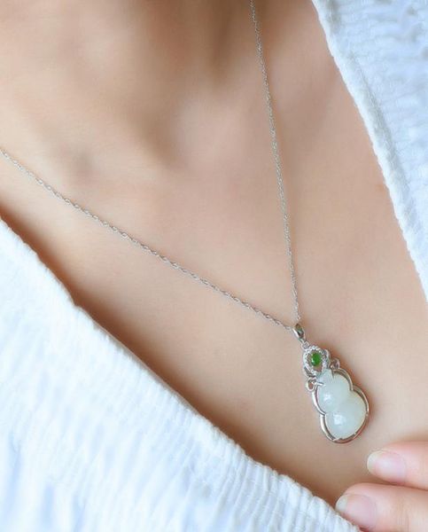 

natural green hetian jade gourd pendant silver necklace chinese carved charm jewelry fashion amulet for women lucky gifts7359555