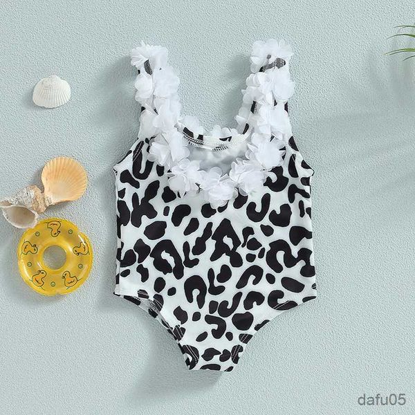 

clothing sets toddler baby's clothes girl flower swimsuit summer sleeveless neck fruit cow print bathing suit children's clothing, White