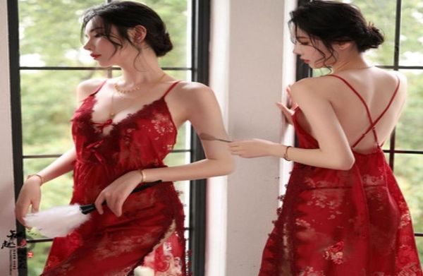 

new lingerie female lace temptation pajamas side split suspenders strap night skirt whole one piece 20748577756316, Black;red
