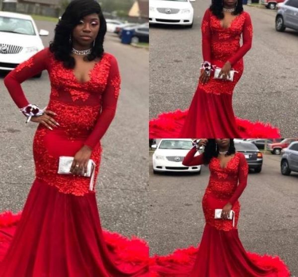 

red mermaid evening dresses vneck long sleeve appliqued beads feather prom dresses custom made sweep train party special occasion4161406, Black;red