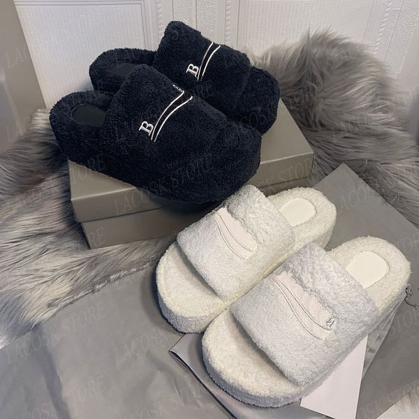 

5cm thick bottom lamb wool slippers womens designer embroid letter brand height increasing shoes girls winter slipper with box 35-40, Black